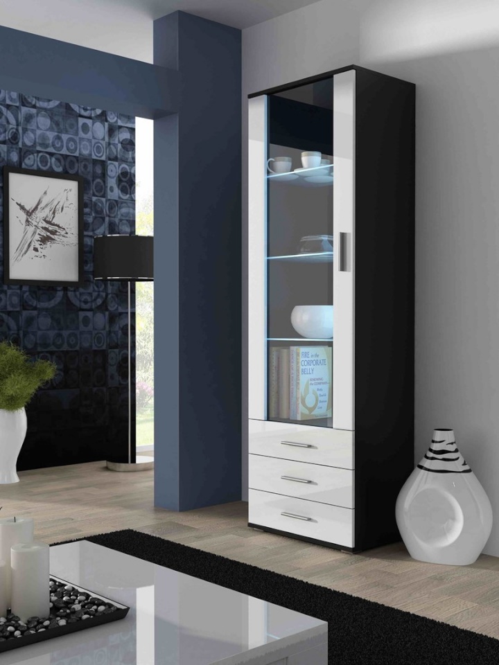 Cama Meble vitriinkapp display cabinet SOHO S1 must/valge läikega