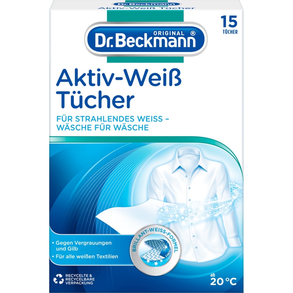 Dr.Beckmann pesuvalgenduslapid Active White Towels, 15tk