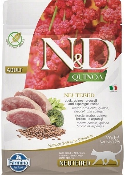 Farmina kuivtoit kassile N&D Quinoa Cat Duck, Broccoli, Asparagus Neutered Adult - Dry cat Food- 300 g