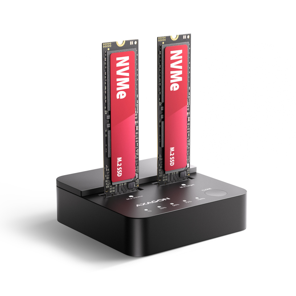 Axagon dokkimisalus AXAGON ADSA-M2C22L USB-C 20Gbps docking station for 2× M.2 NVMe SSD with disk cloning function without PC