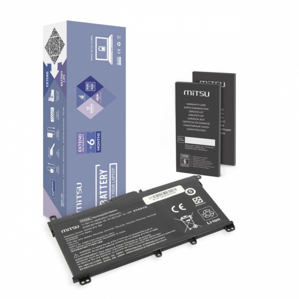 Mitsu sülearvuti aku for HP 14-BP, Pavilion 14 15 3400 mAh (39 Wh) 11.55 Volt