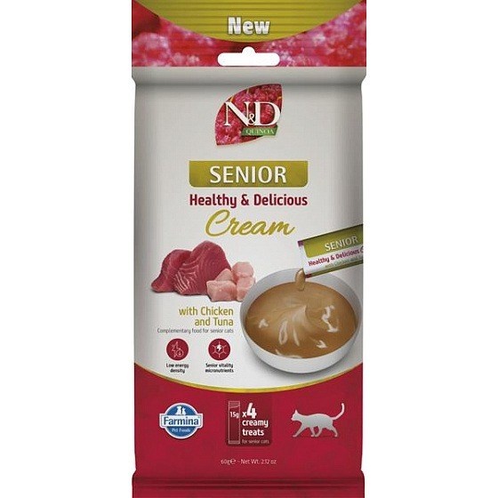 Farmina kassitoit N&D Quinoa Cat Senior Cream with Chicken & Tuna box – Cat treat – 4x15g