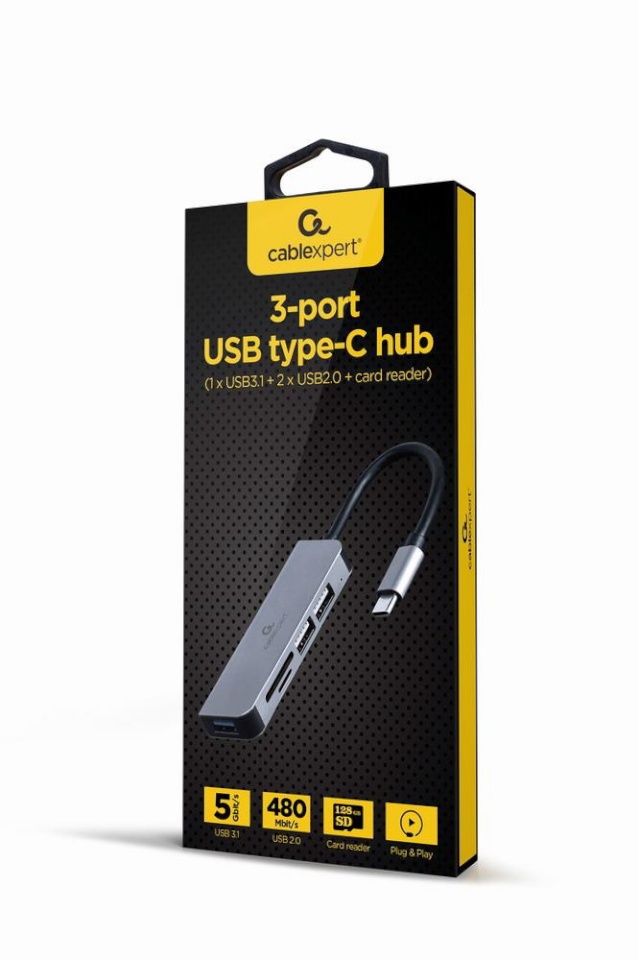 Gembird Hub 3-ports USB-C, USB 2.0x2, USB 3.0, card reader