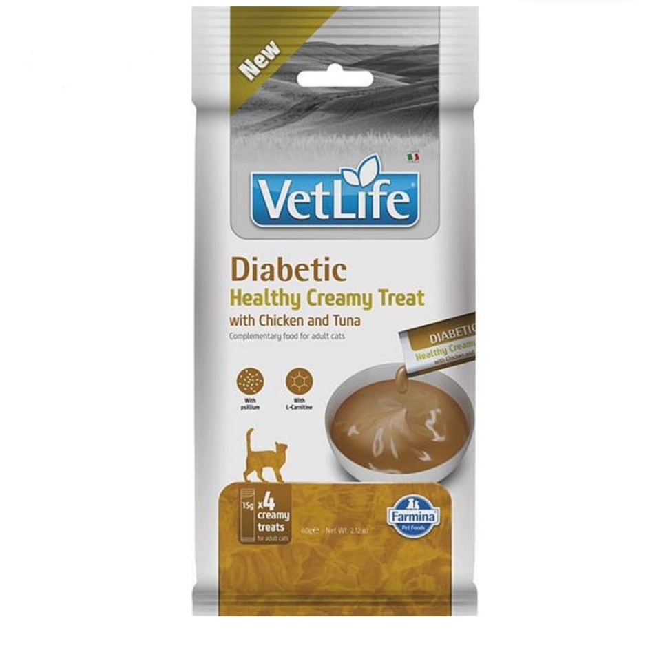 Farmina kassitoit Vet Life Cat Diabetic Creamy treat with Chicken & Tuna box – Cat treat – 4x15g