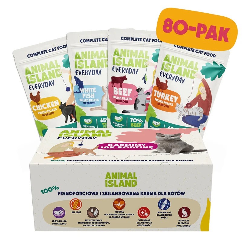 Animal Island kassitoit Turkey / White Fish / Beef / Chicken Fillets in Broth, 80x85g