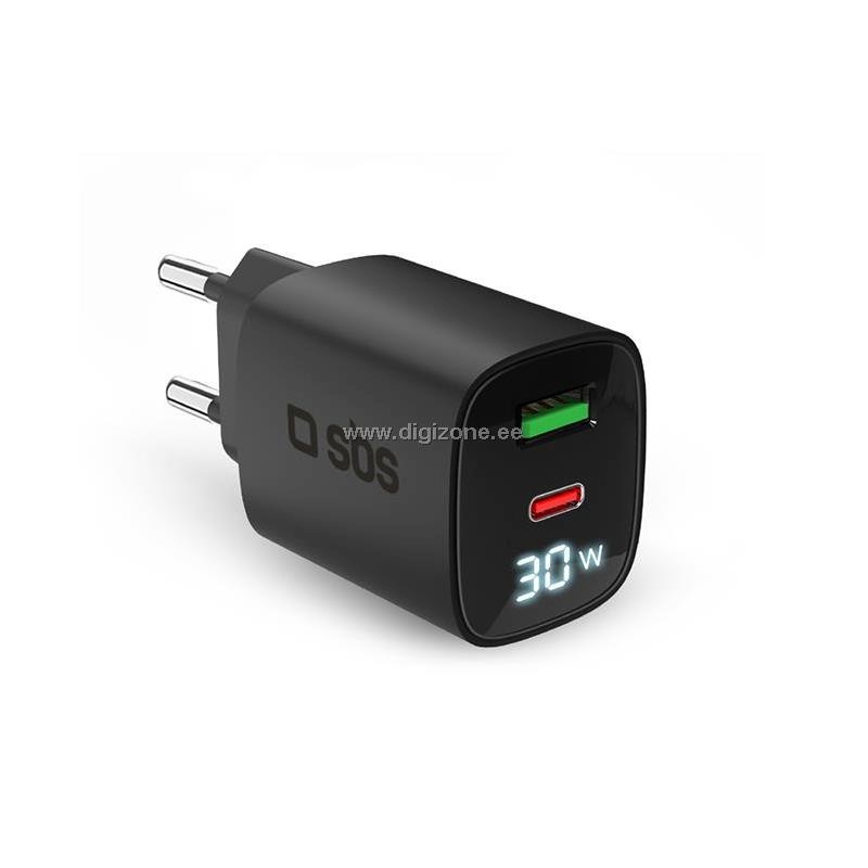 SBS laadija Charger GaN 30W, USB-C, LCD, must