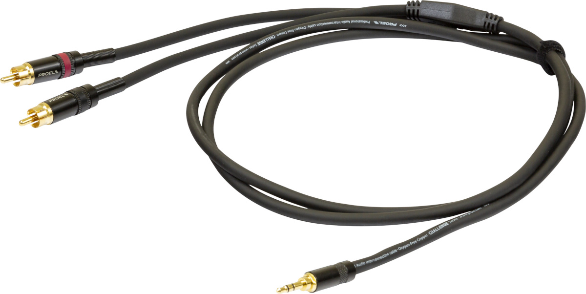 Proel helikaabel 3,5mm stereo - 2x RCA, 3m, must