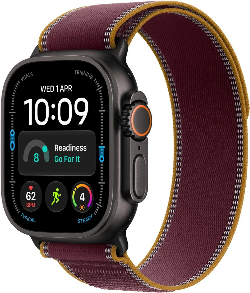 Apple Watch Ultra 4 49mm, GPS + Cellular, M/L, Black Titanium Case, Burgundy Trail Loop, must/pruun