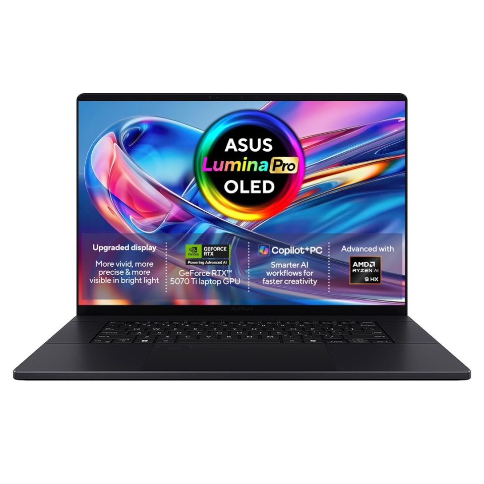 ASUS sülearvuti ProArt P16 Ryzen AI 9 HX 370 16.0"4K 120Hz 1600nits AR LBL 32GB RAM LPDDR5X 1TB SSD GeForce RTX 5070 Ti 12GB CamFHD 90WHrs W11Pro Aluminum Nano must