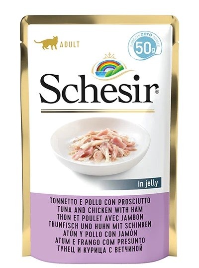 Agras Pet Foods kassitoit Schesir in Jelly Tuna and Chicken with Ham, 50g