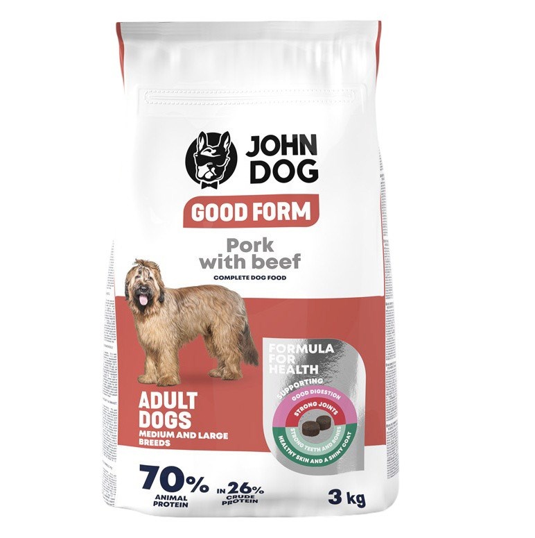 John Dog kuivtoit koerale Good Form Medium and Large Breeds Pork with Beef, 3kg