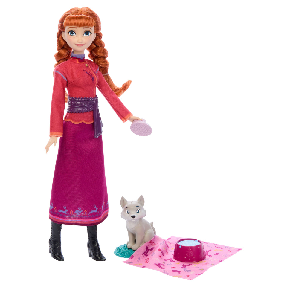 Mattel Disney Die Eiskönigin Anna-Modepuppe und Wolfsjunges-Figur (mit 4 Pflegezubehörteilen)