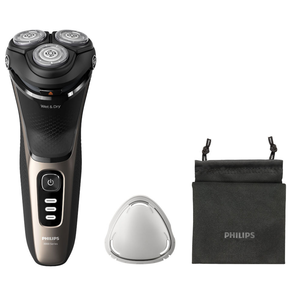 Philips pardel S3242/12 Series 3000 Wet & Dry Rotation Shaver, must/kuldne