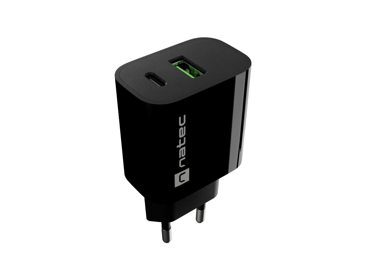 Natec Ribera USB Charger 1X USB-A + 1X USB-C 20W, must
