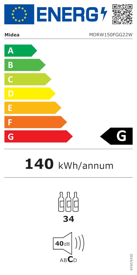 Midea veinikülmik | MDRW150FGG22W | Energy efficiency class Class G | Free standing | Bottles capacity 34 | must