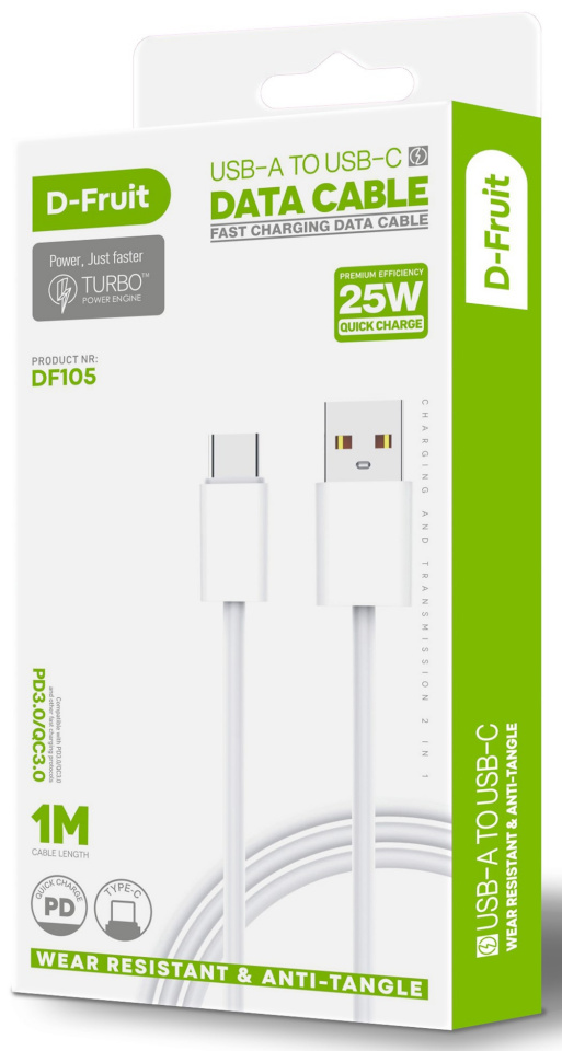 D-Fruit kaabel USB-A - USB-C 1m, valge (DF105)