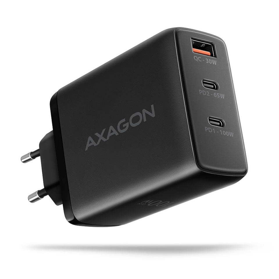 AXAGON ACU-DPQ100 GaN Wall charger 100W, 3x port (USB-A + dual USB-C), PD3.0/PPS/QC4+/Apple