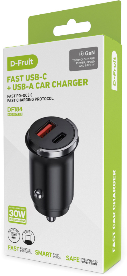 D-Fruit autolaadija 30W USB/USB-C DF184