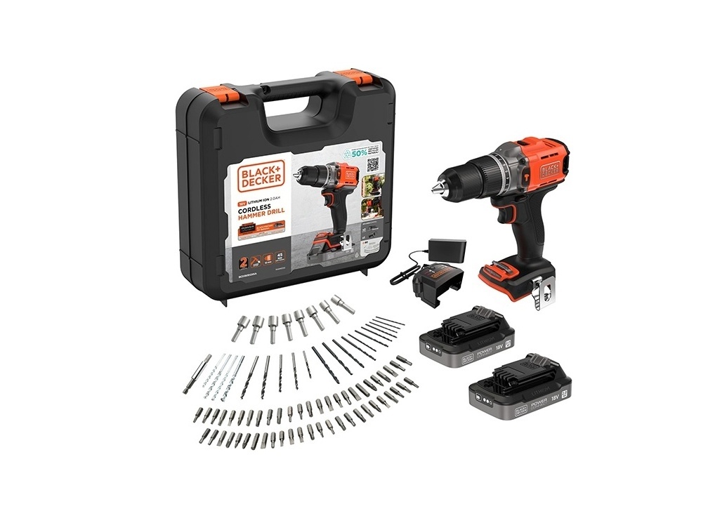 BLACK & DECKER akutrell must & DECKER 18V Impact Drill (with 2 x 18V 2.0Ah batteries with charge status indicator, 1A charger and 80 accessories) | BCD383D2XKA-QW | 2.0 Ah