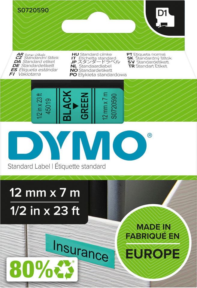 Dymo etiketiprinteri etiketid D1 12 mm x 7 m, must rohelisel taustal