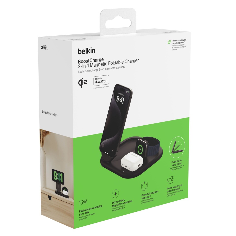 Belkin juhtmevaba laadija BOOST Charge 3in1 Qi2 15W magn.Charg.Stand bl. WIZ029vfBK