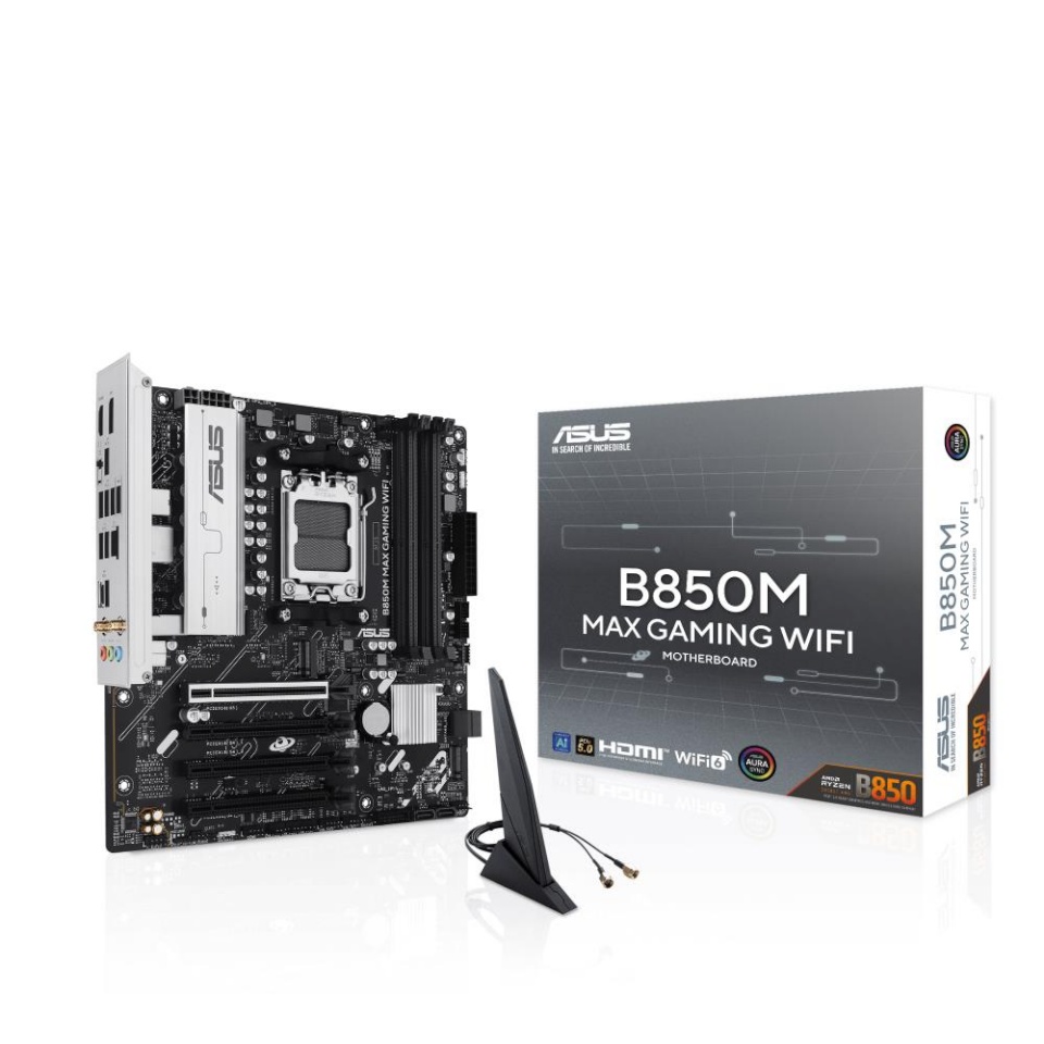 ASUS emaplaat AMD B850 sam5 micro-ATX memory Ddr5 memory Slots 4 3xPSIe 4.0 16x 1xPSIe 5.0 16x 3xm.2 1xhdmi 1xdisplayport 5xusb 2.0 2xusb 3.2 2xusb-c 1xrj45 3xaudio Port b850mmaxgamingwifi