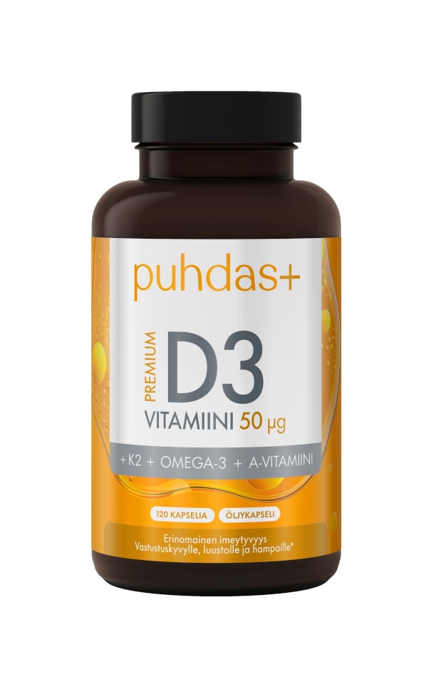 Pure+ D3-vitamiin Premium Vitamin D3 50 µg + K2 + Omega-3 + Vitamin A, 120tk