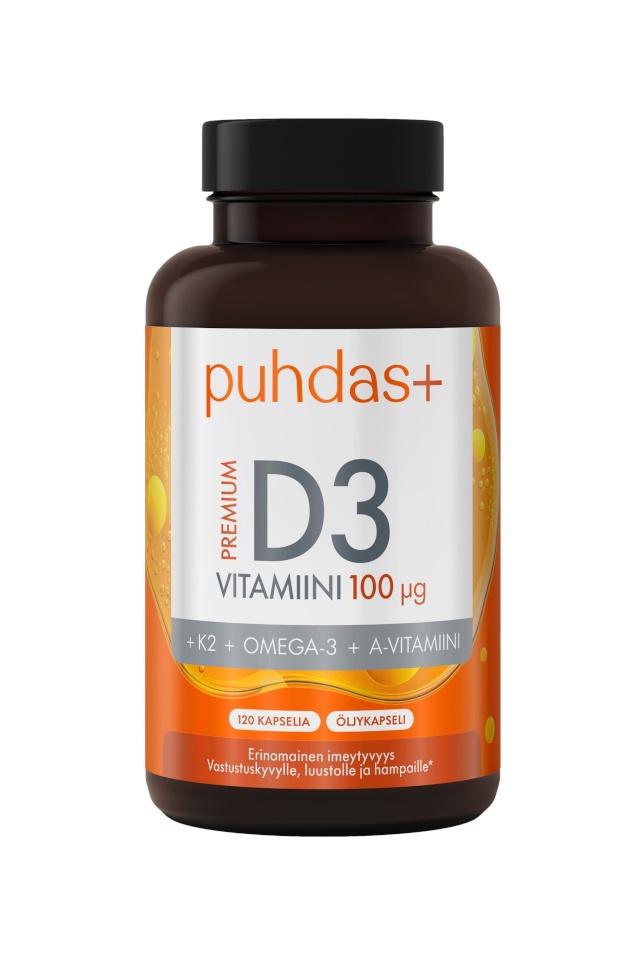 Pure+ D3-vitamiin Premium Vitamin D3 100 µg + K2 + Omega-3 + Vitamin A, 120tk