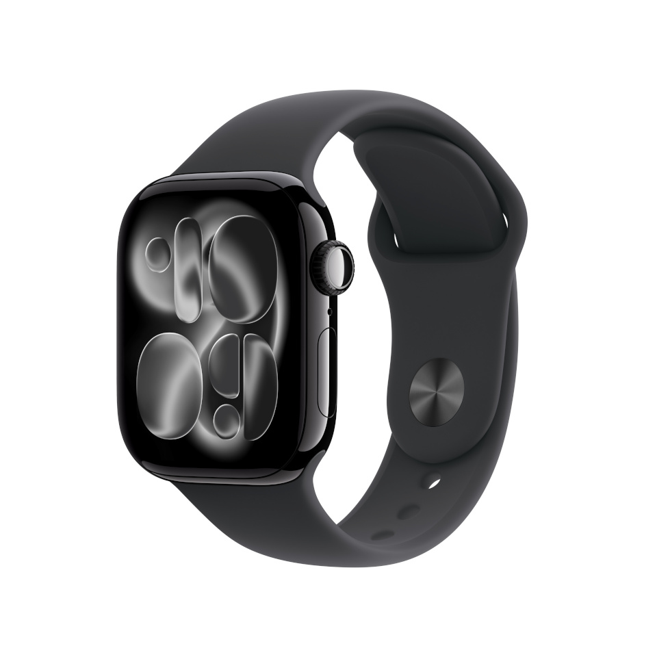 Apple Watch Series 11 (GPS) 42mm peegelmust alumiiniumkorpus musta sportrihmaga, S/M
