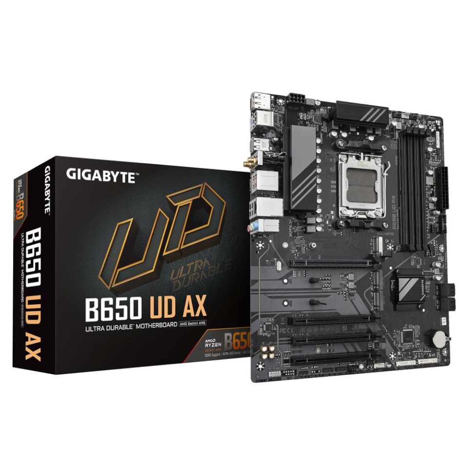 Gigabyte emaplaat AMD B650 sam5 ATX memory Ddr5 memory Slots 4 1xPSIe 16x 3xPSIe 3.0 16x 3xm.2 1xhdmi 1xdisplayport 6xusb 2.0 2xusb 3.2 1xusb-c 1xrj45 3xaudio Port b650udax1.0y1
