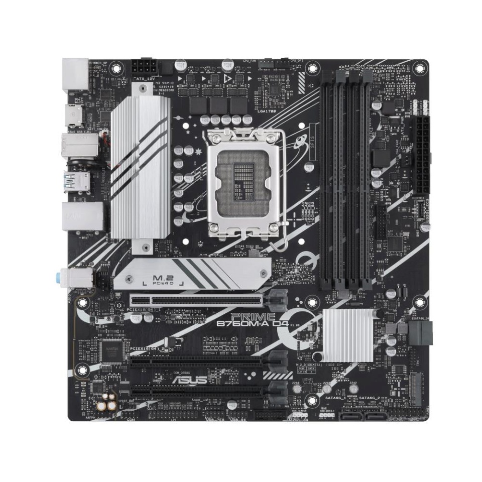 Asus emaplaat intel B760 Express LGA1700 micro-ATX memory Ddr4 memory Slots 4 1xpci-express 4.0 16x 2xm.2 1xhdmi 1xdisplayport 4xusb 2.0 2xusb 3.2 1xps/2 1xrj45 3xaudio Port primeb760m-ad4-csm