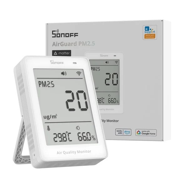 Sonoff õhukvaliteedi mõõtja AirGuard PM2.5 SAWF-07P Air Quality Monitor, WiFi, LCD, valge