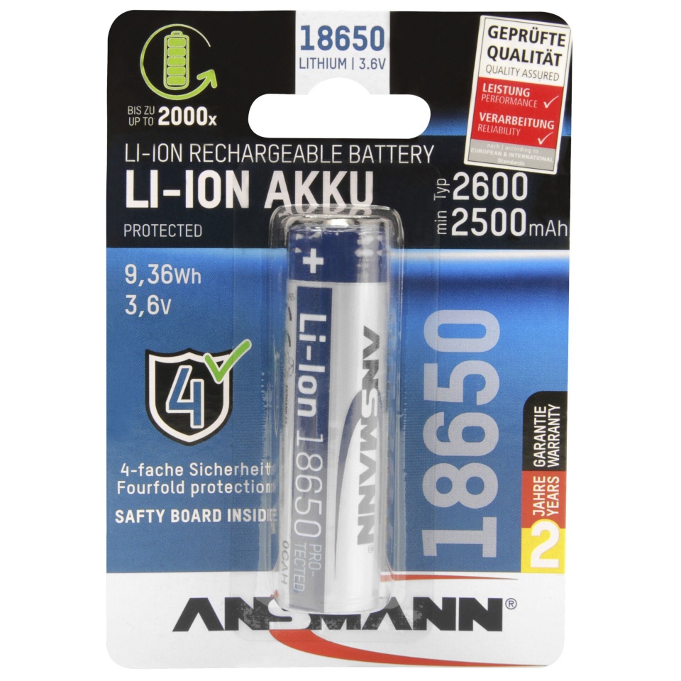 Ansmann akud Li-Ion 18650 2600mAh 3,6V 9,36Wh 1307-0000