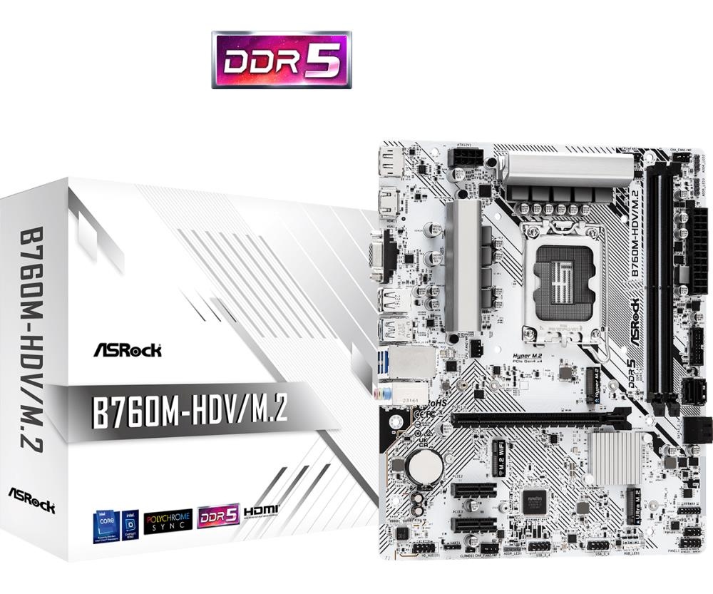 Asrock emaplaat intel B760 Express LGA1700 micro-ATX memory Ddr5 memory Slots 2 2xpci-express 3.0 1x 1xpci-express 4.0 16x 1xm.2 1x15pin D-sub 1xhdmi 1xdisplayport 1xav-in 1xav-out 1xmicrophone 2xusb 2.0 3xusb 3.2 1xusb-c 1xrj45 b760m-hdv/m.2