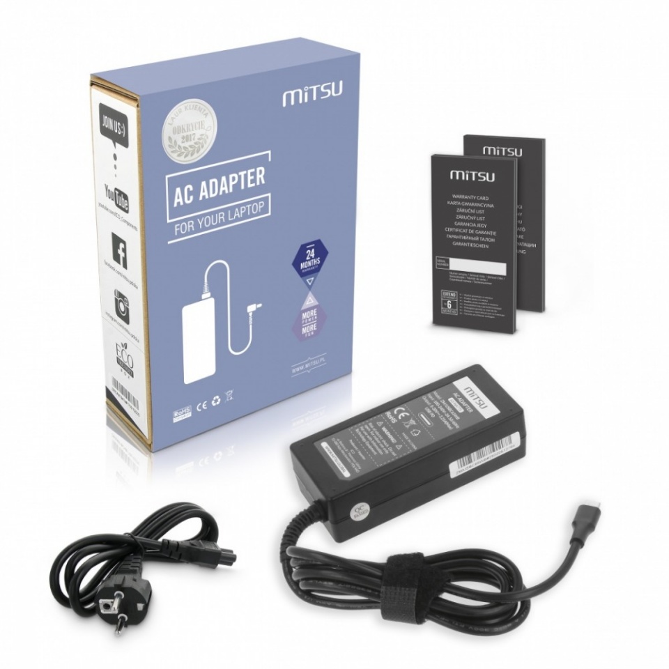Mitsu laadija Laptop 65W USB-C 5V-9V-12V-15V-20V/3A, 20V/3.25A PD