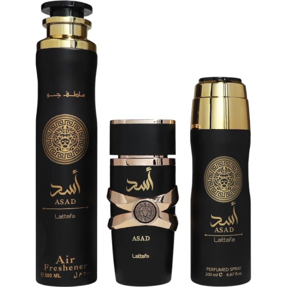 Lattafa komplekt Asad EDP 100ml + Interior spray 300ml + Deodorant 200ml, meestele