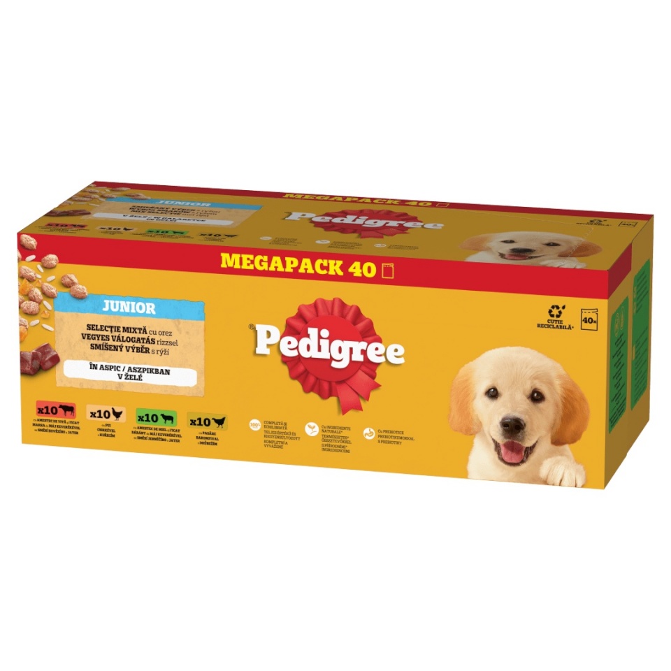Pedigree Junior Maitsevalik 40x100g Märgtoit Kutsikatele Veiseliha Kana Lambaliha Riis Tarretises