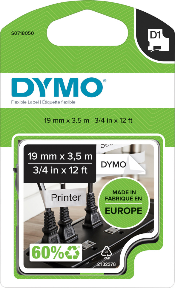 Dymo D1 painduv nailonist lint, 19 mm x 3,5 m, must valgel taustal