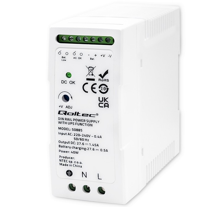 Qoltec UPS DIN rail power supply with UPS function, 40W