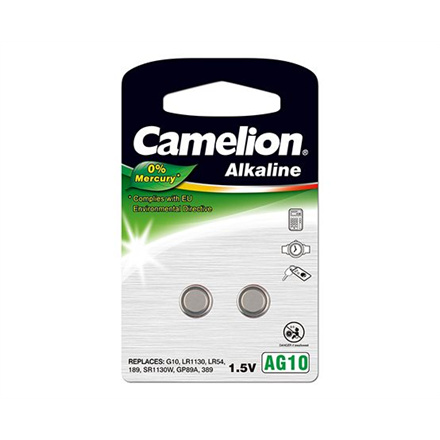 Camelion patareid Alkaline Button celles 1.5V (AG10) LR54/LR1131/389, 2-pack, "no mercury"