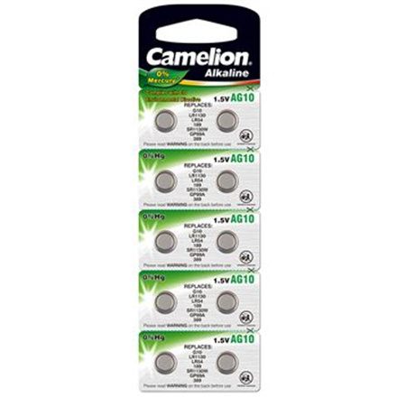 Camelion patareid Alkaline Button celles 1.5V (AG10) LR54/LR1131/389, 10-pack, "no mercury"