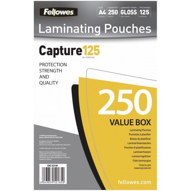Fellowes lamineerimiskile A4 Glossy 125 Micron Laminating Pouch 250-Value pakk