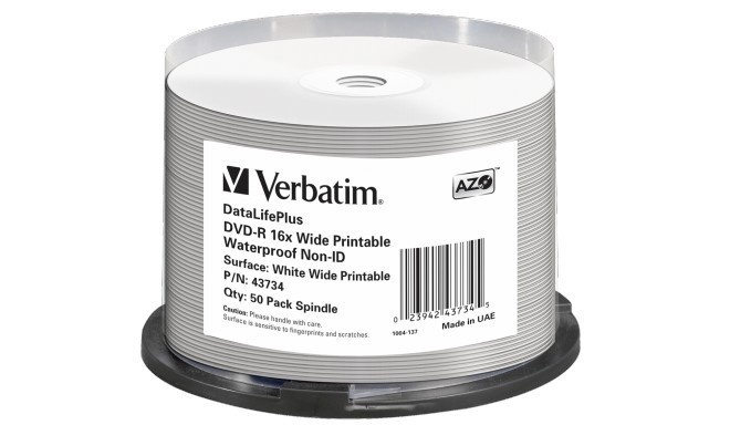 Verbatim toorik 1x50-pack DVD-R 4,7GB 16x Wide glossy waterproof print
