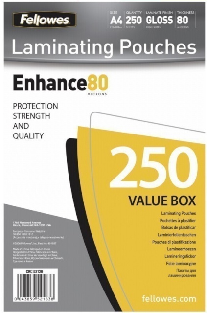 Fellowes lamineerimiskile A4 Glossy 80 Micron Laminating Pouch - 250-pakk