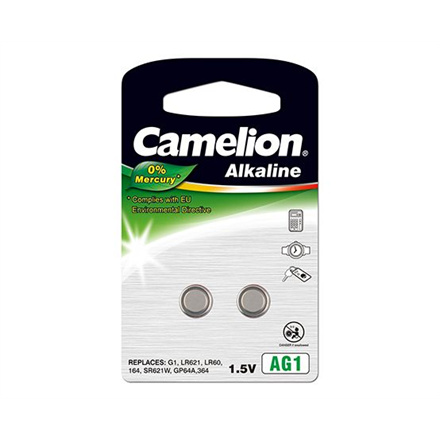 Camelion patareid Alkaline Button celles 1.5V (LR621)/AG1//LR60/364, 2-pack, "no mercury"