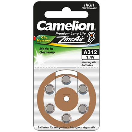 Camelion patareid Zinc Air Celles 1.4V A312/ZL312, 6-pack, "no mercury"