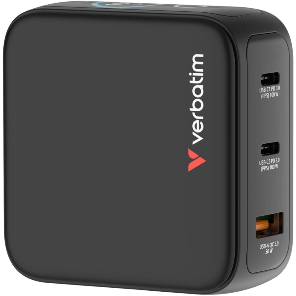 Verbatim laadija Mini GaN Charger 100W mit Display 2xUSB-C +1xA 30239