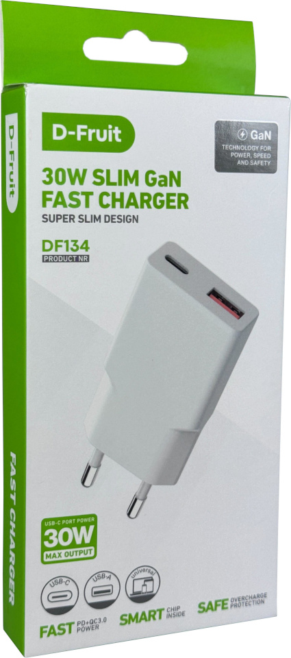 D-Fruit laadija 30W USB-A/USB-C DF134, valge
