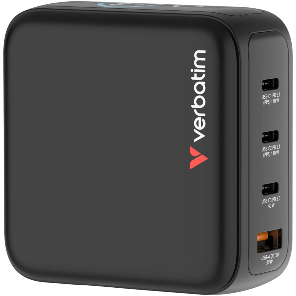 Verbatim laadija Mini GaN Charger 140W mit Display 3xUSB-C +1xA 30240