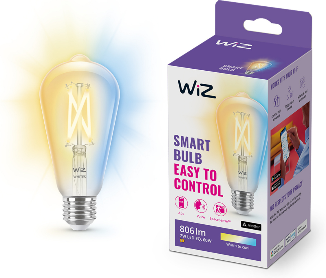 WiZ lambipirn Smart Lamp, E27, Clear Glass, Tunable White - Shades of White Light, Wi-Fi, 2700-6500 K, 806 lm, 1tk